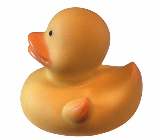 Little yellow kids toy rubber duck for bathtime fun, side view isolated on white