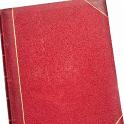 Old scuffed red book with leather binding and gilt tooling lying isolated on a white surface
